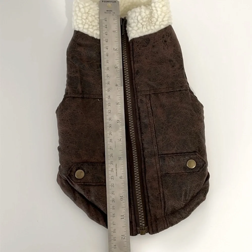 Wag-a-Tude‎ brown faux leather bomber dog jacket with Sherpa trim. Size Small.